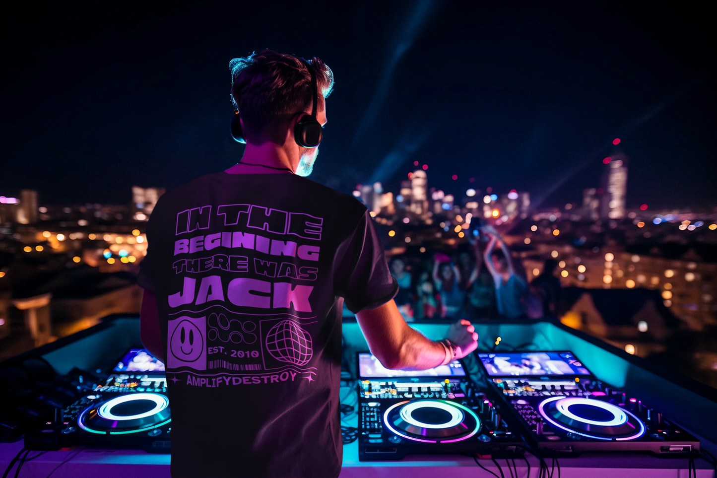 JACK UR BODY Classic Fit AmplifyDestroy Print Tee Shirt Rave House Music 90s Dj Club Flyer