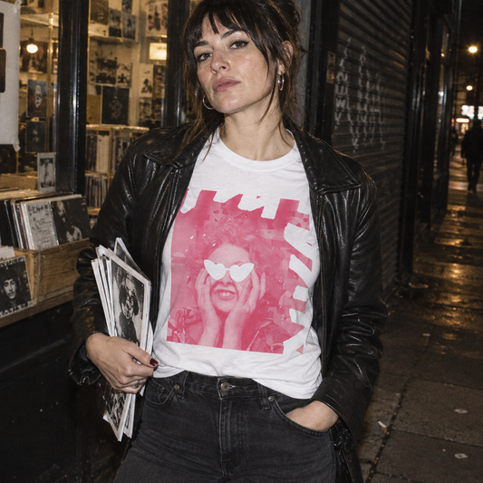 Vivienne Westwood Tee lifestyle photo — outside an independent record shop