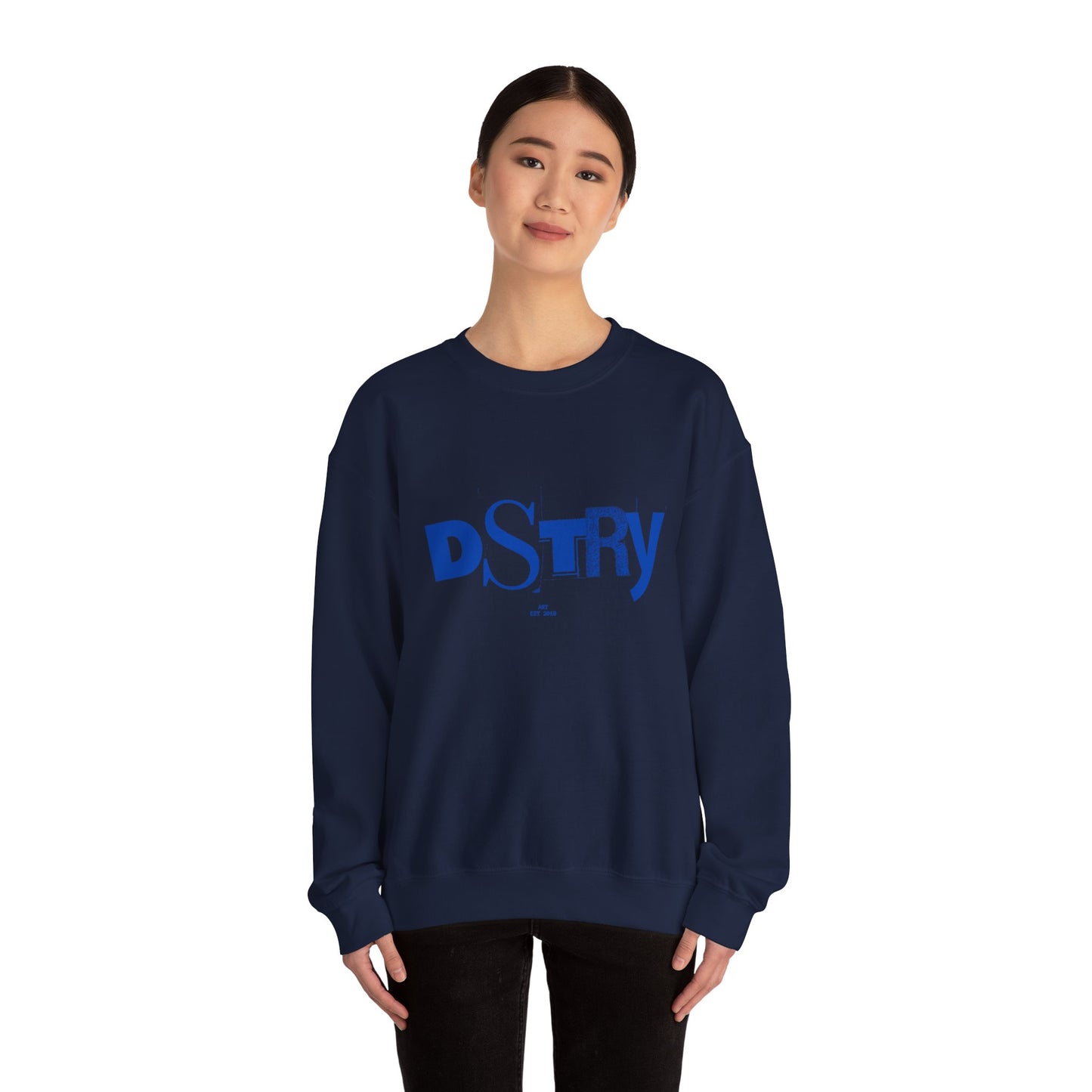 DSTRY BLU Classic Fit AmplifyDestroy Crewneck Sweatshirt Navy Black Blue Retro Grunge Punk Skater street destroy