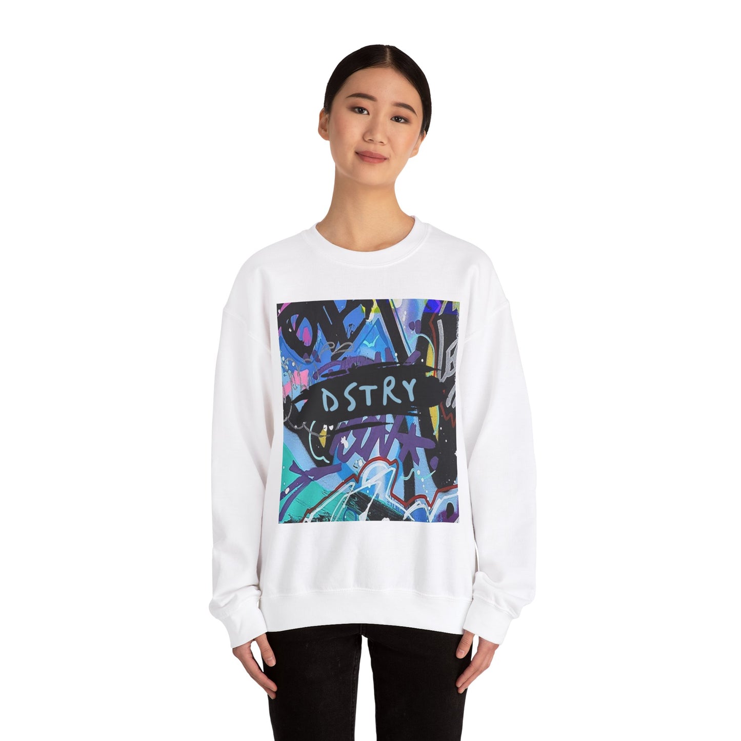 GRAFFITI AmplifyDestroy Print Crewneck Sweatshirt Street Art Color Black White Mens Womens