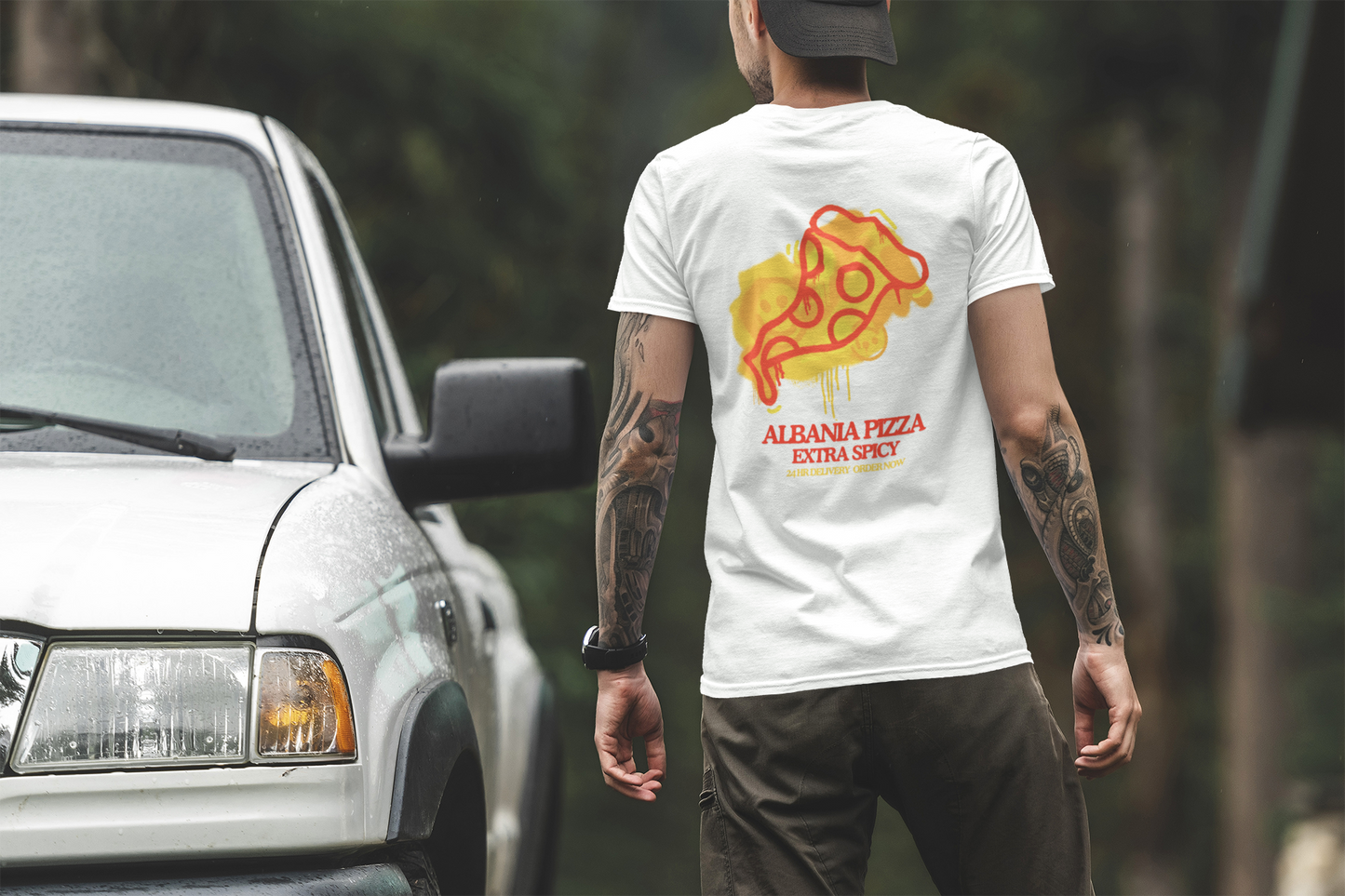 EXTRA SPICY Classic Fit AmplifyDestroy Print Tee Shirt Funny Pizza Albania