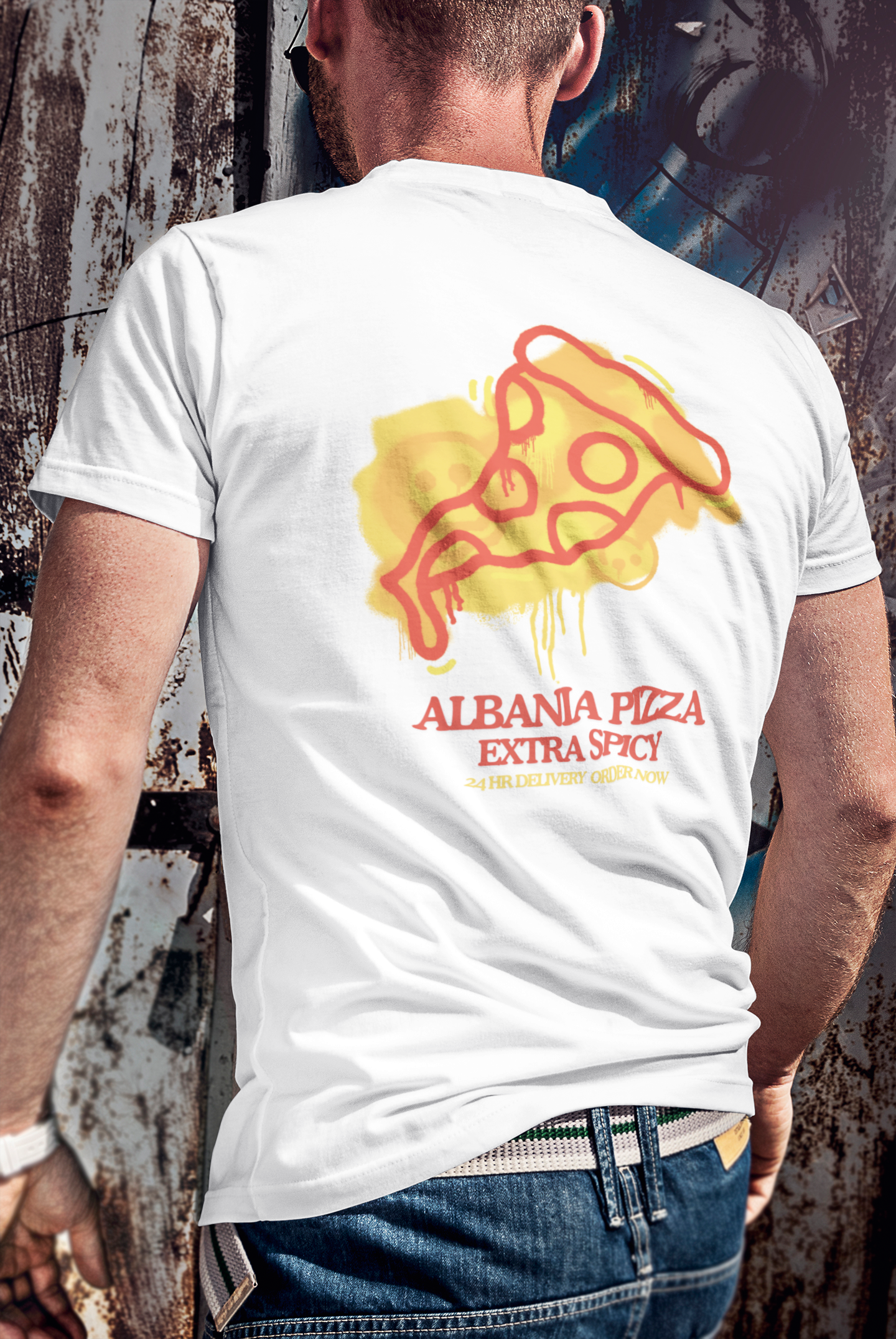 EXTRA SPICY Classic Fit AmplifyDestroy Print Tee Shirt Funny Pizza Albania