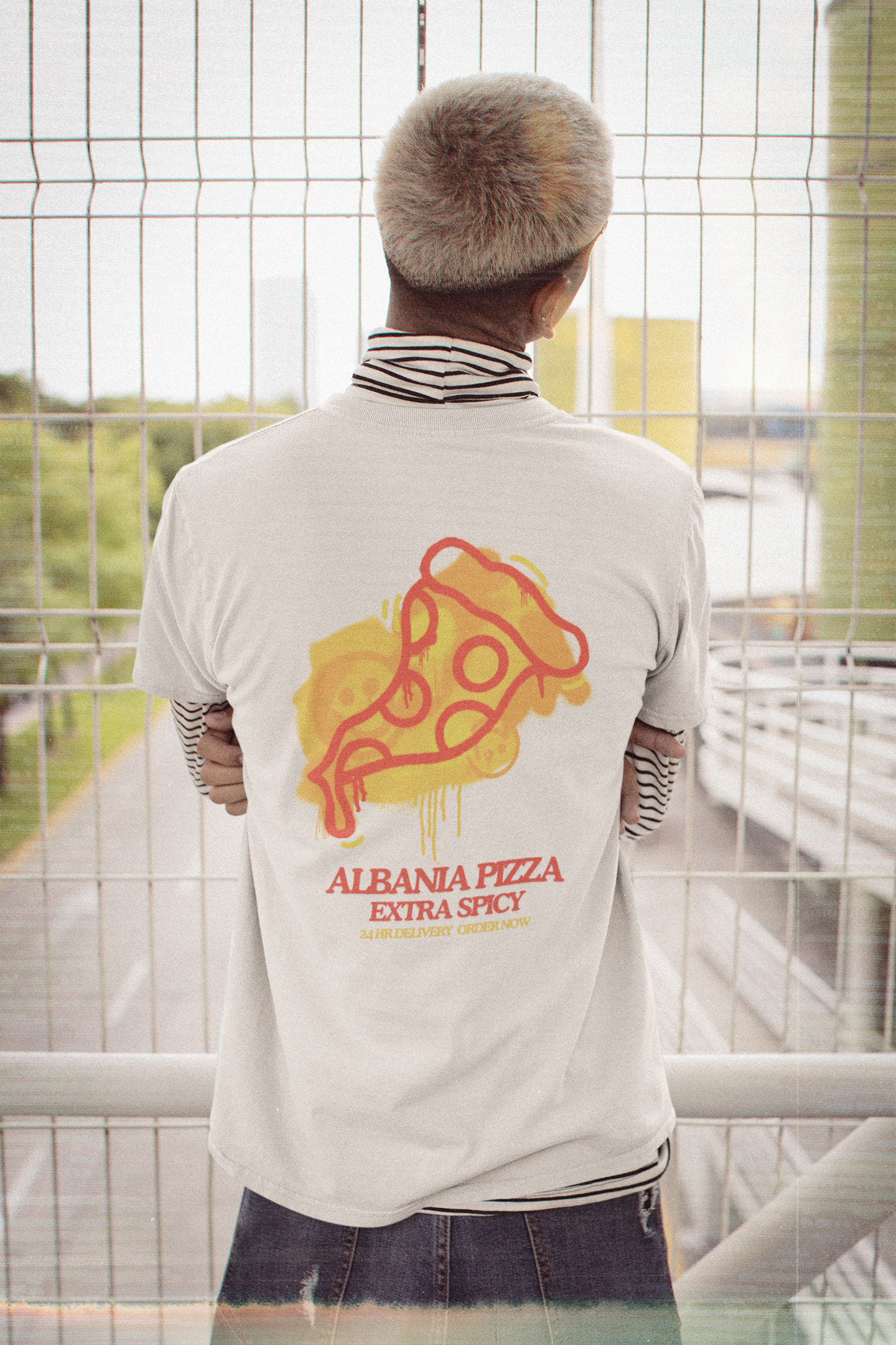 EXTRA SPICY Classic Fit AmplifyDestroy Print Tee Shirt Funny Pizza Albania