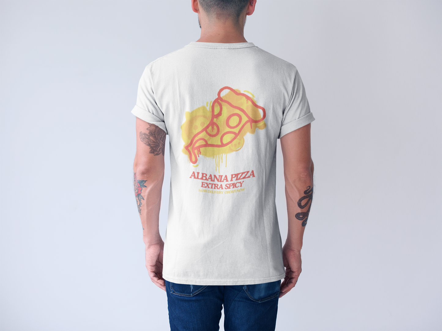 EXTRA SPICY Classic Fit AmplifyDestroy Print Tee Shirt Funny Pizza Albania
