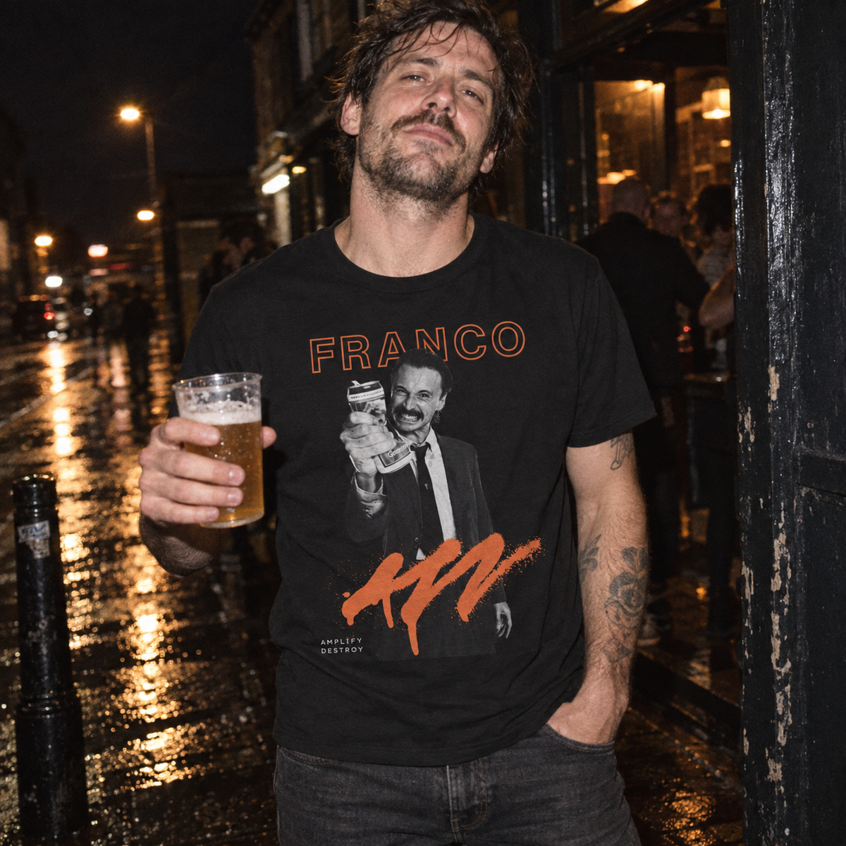 Begbie Tee lifestyle photo — outside the pub