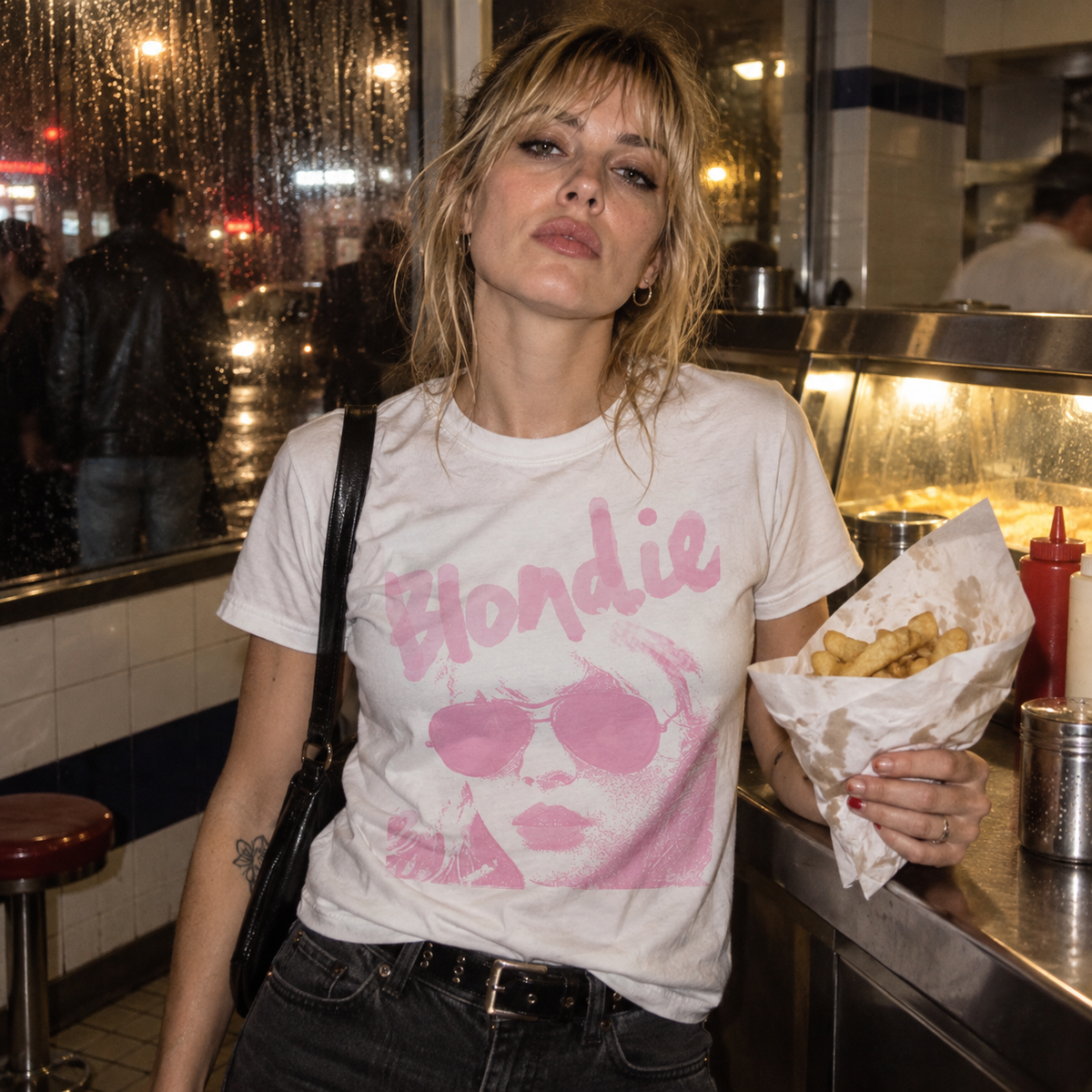 Debbie Harry Tee lifestyle photo — late-night chip shop
