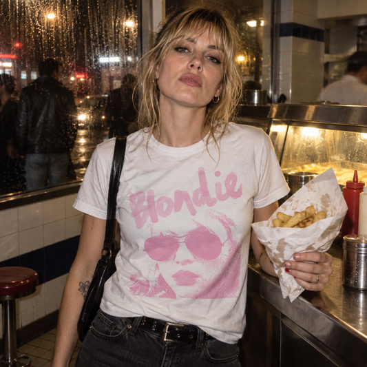 Debbie Harry Tee lifestyle photo — late-night chip shop