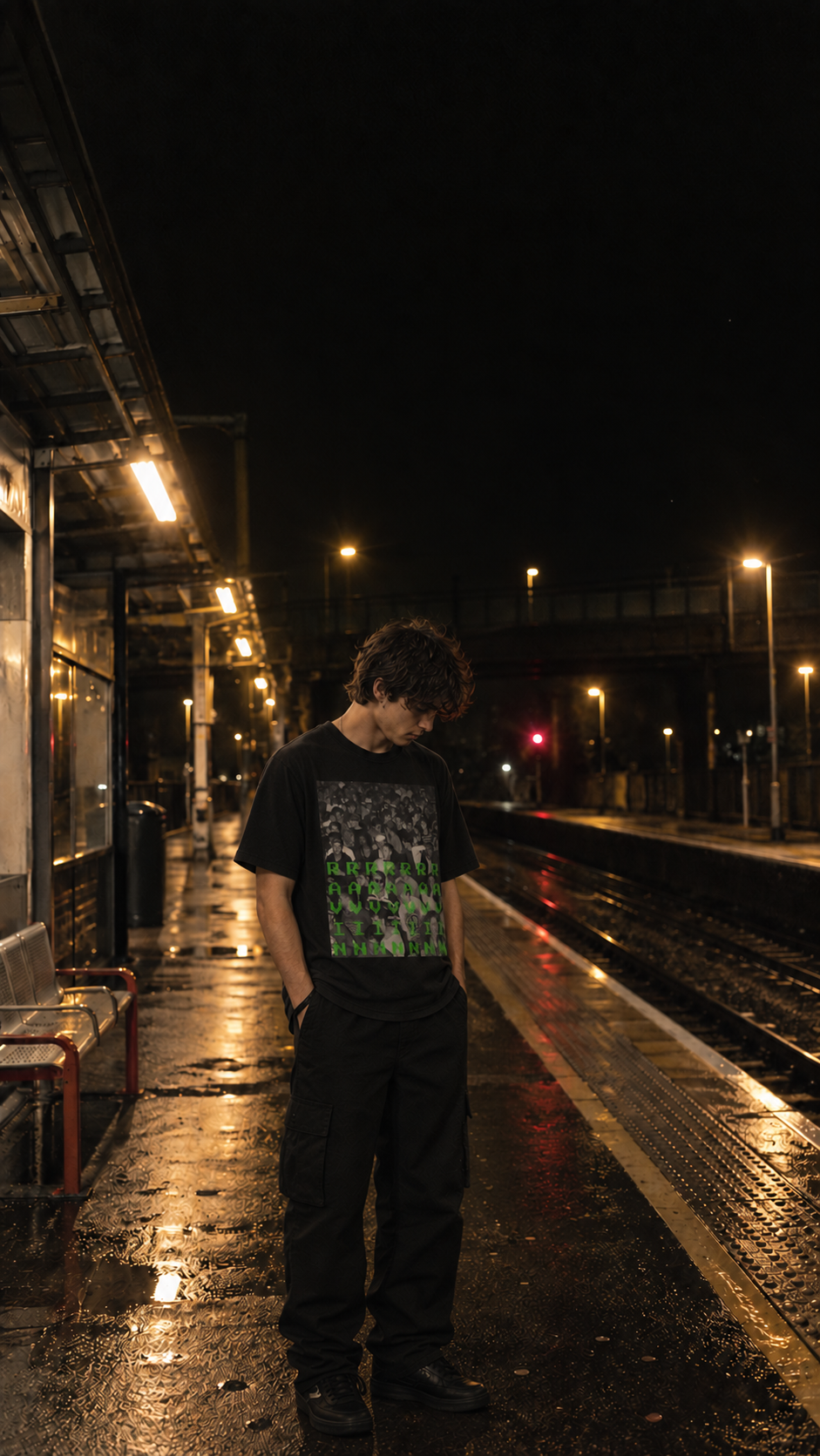 Ravin Tee worn on a late-night train platform – AmplifyDestroy After the Gig campaign