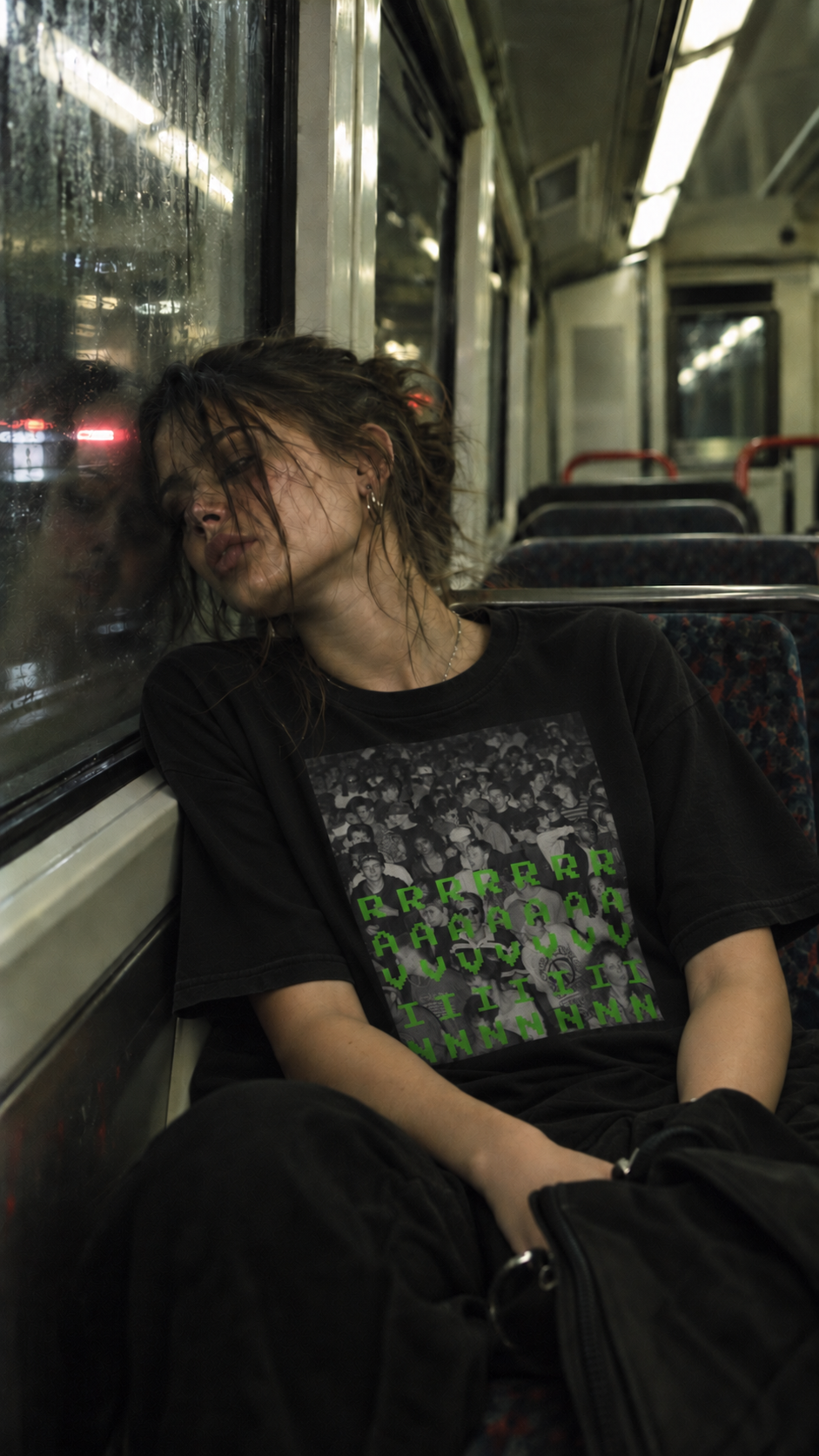 Ravin Tee worn on a late-night train – AmplifyDestroy After the Gig campaign